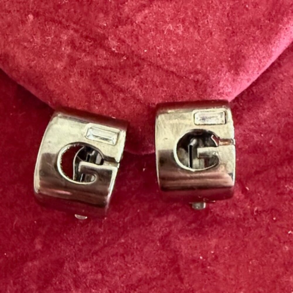 Vintage Clip On Earrings Givenchy silver Tone Rhinestone Logo Petite